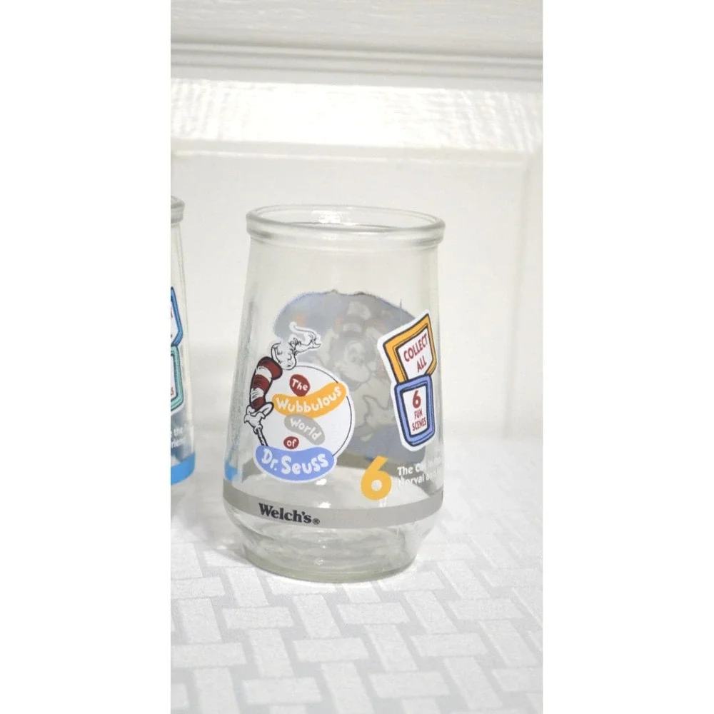 Vintage 1996 Welch Cat in The Hat Glass Jelly Jars, Complete Set of 6 Jars